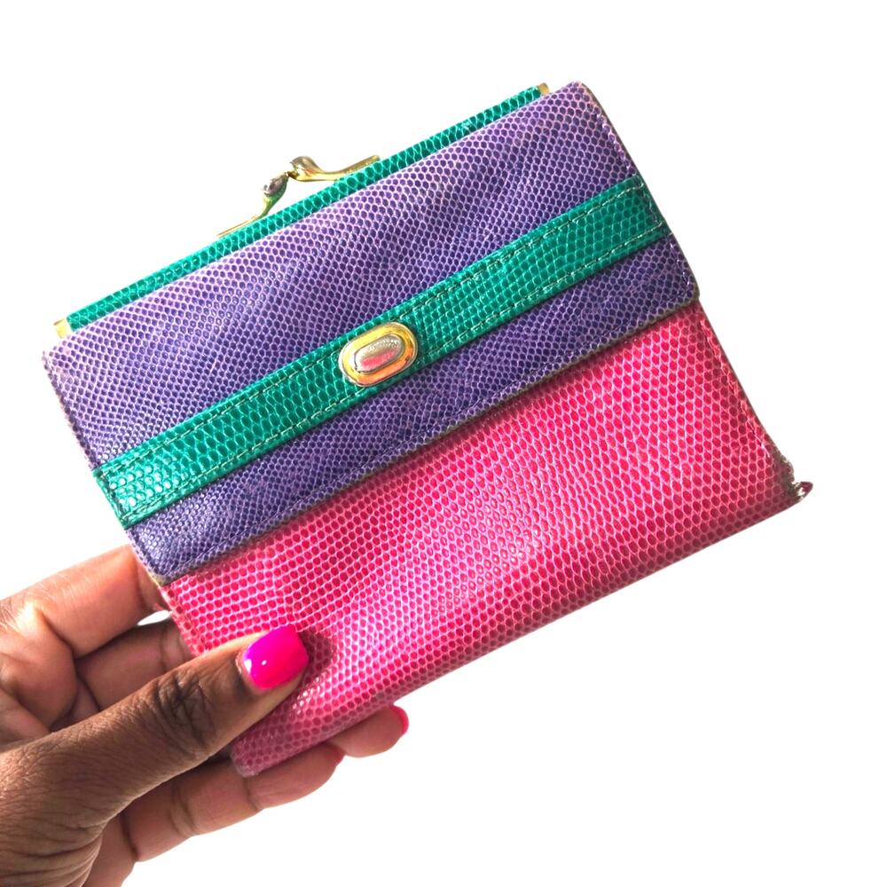 Vintage Neiman Marcus Pink Colorblock Lizard Embossed Leather Wallet Kiss Lock